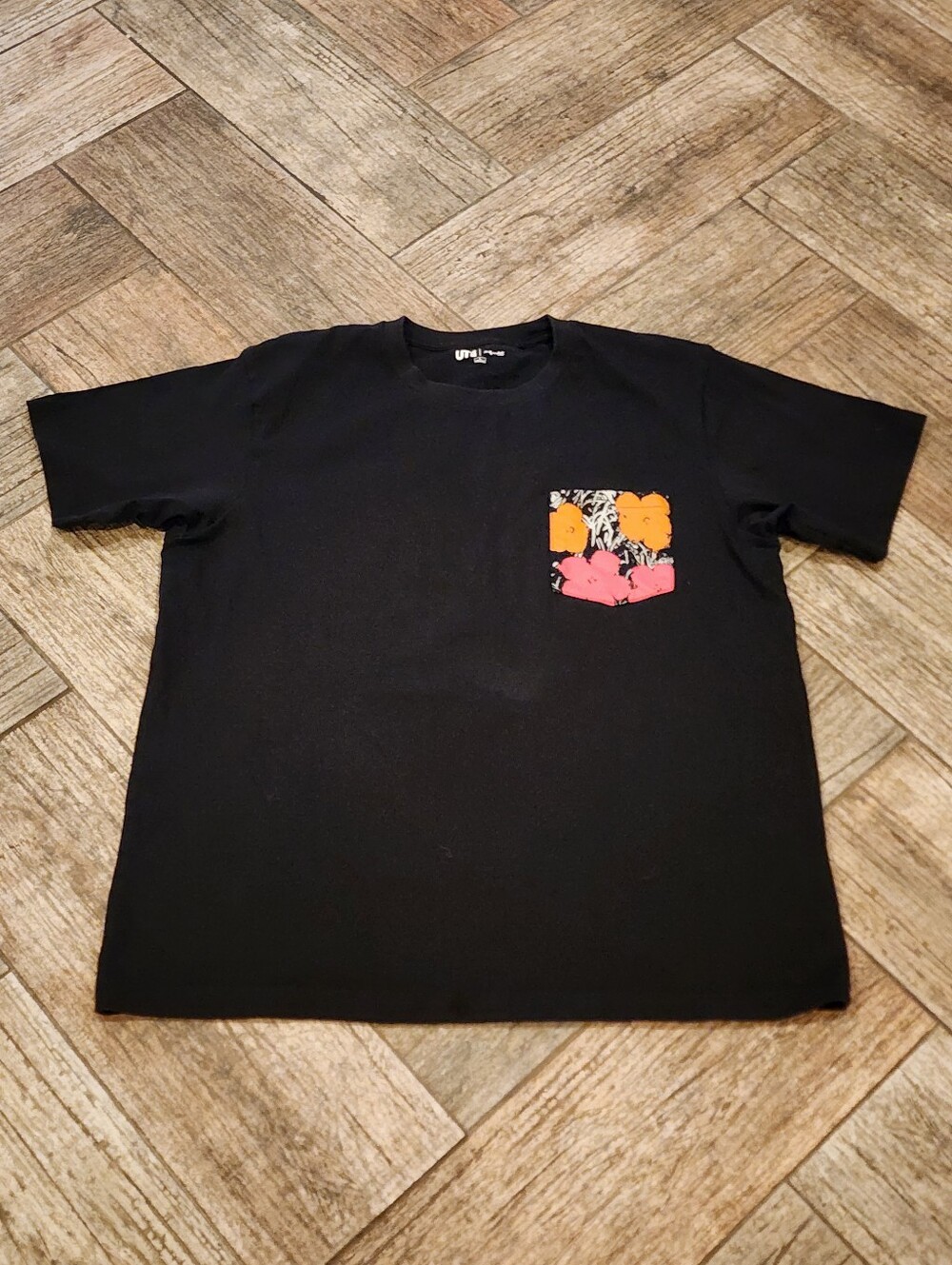 Uniqlo Andy Warhol Black Short Sleeve Tee with Orange and Pink Floral Pocket